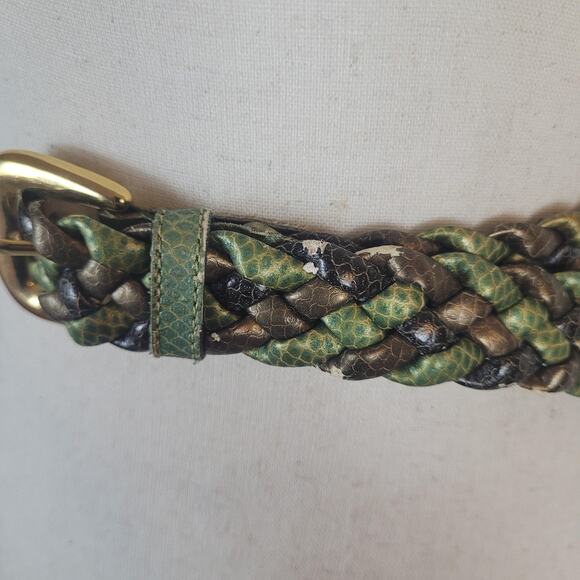 VTG Green Brown Leather Belt XL Braided Snake Print Gold Tone Buckle Colorful main image 7